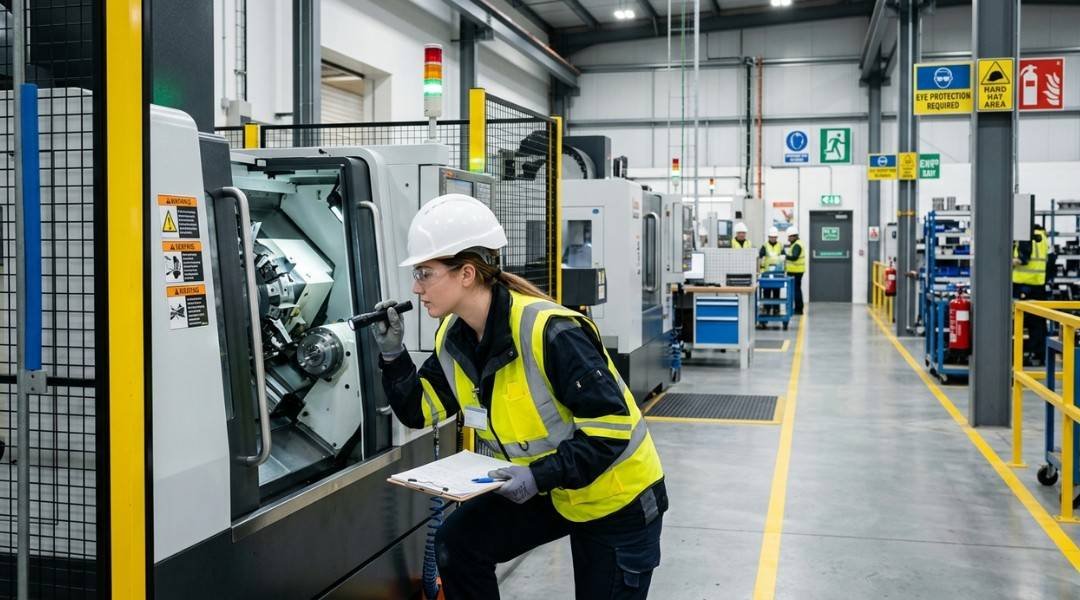 Worker inspecting machinery in a clean manufacturing facility for OSHA 10 hour general industry training