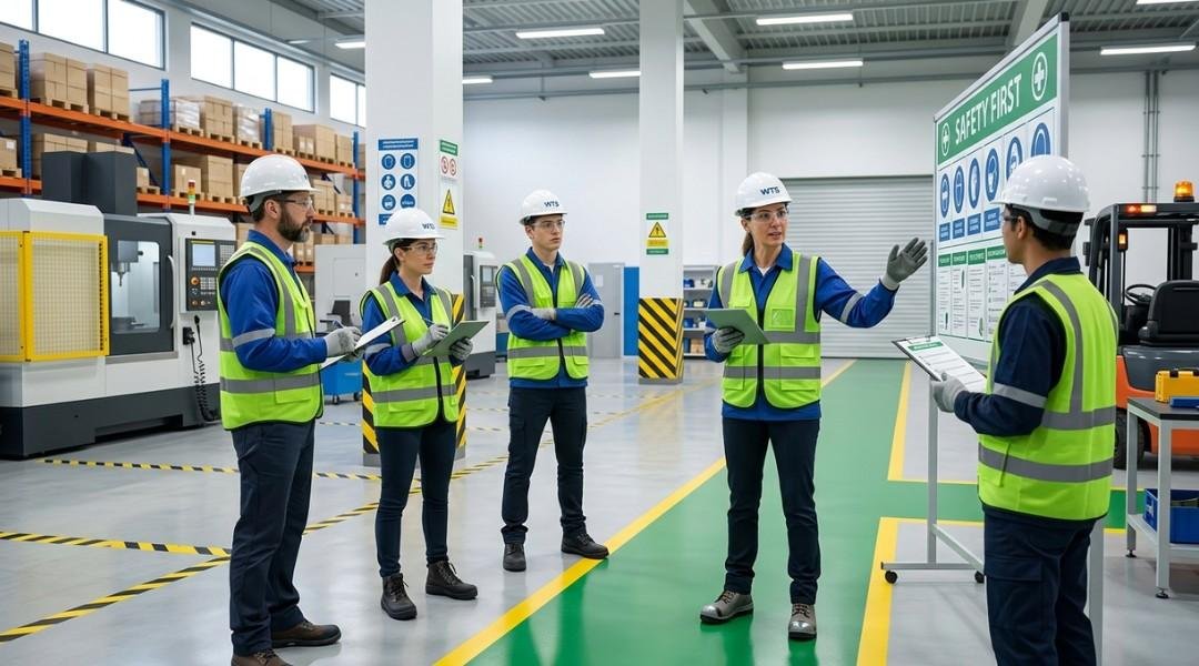 Safety supervisor leading a workplace safety briefing in a warehouse for OSHA 30 hour general industry training
