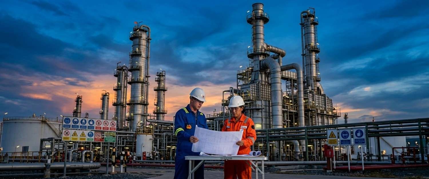 Safety professionals reviewing technical drawings at an oil refinery for industrial OSHA training