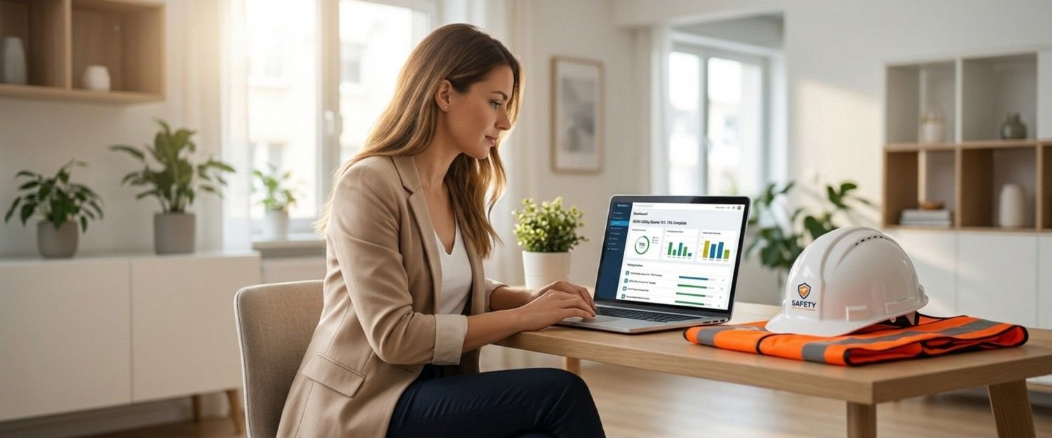 Professional studying an online OSHA safety course on a laptop in a modern home office