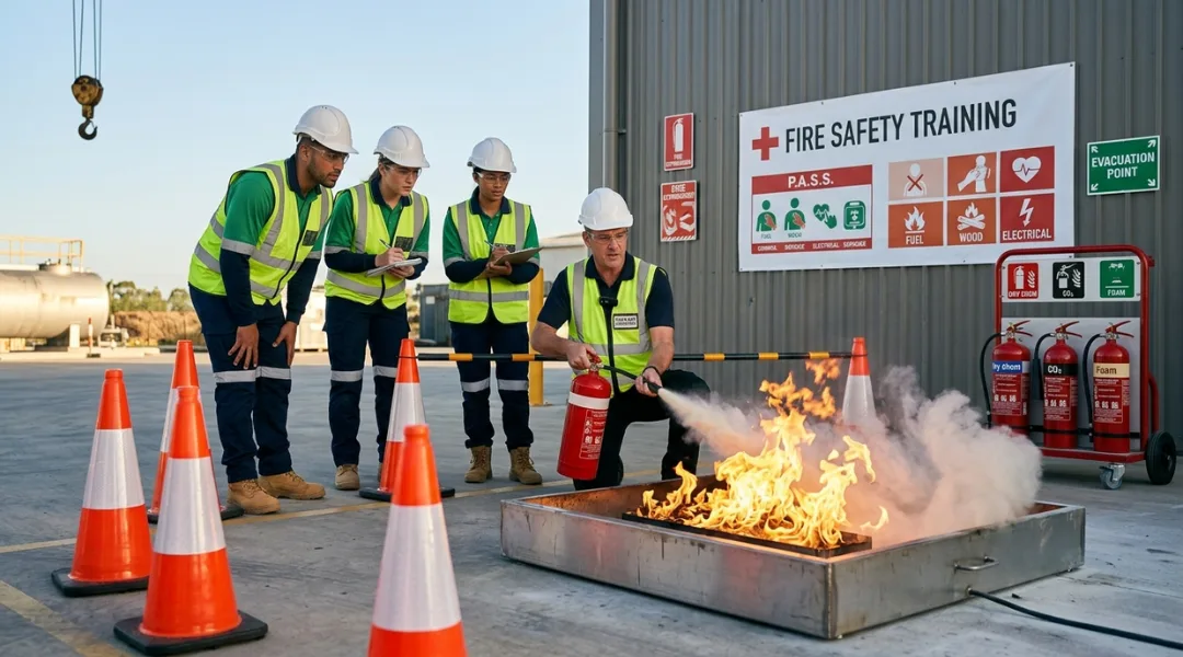 Fire safety training showing instructor demonstrating fire extinguisher use to industrial workers