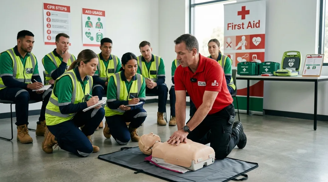 First aid training session with instructor demonstrating CPR on mannequin to safety course participants
