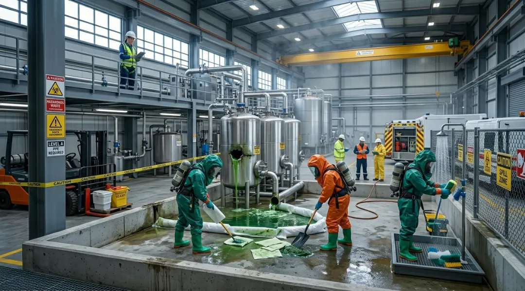 HAZWOPER training session with workers in protective suits handling hazardous materials in a safety training environment