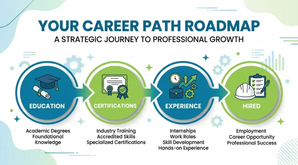 Career roadmap infographic showing the steps to become a safety officer including education certifications experience and hiring milestones in 2026
