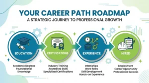 Career roadmap infographic showing the steps to become a safety officer including education certifications experience and hiring milestones in 2026