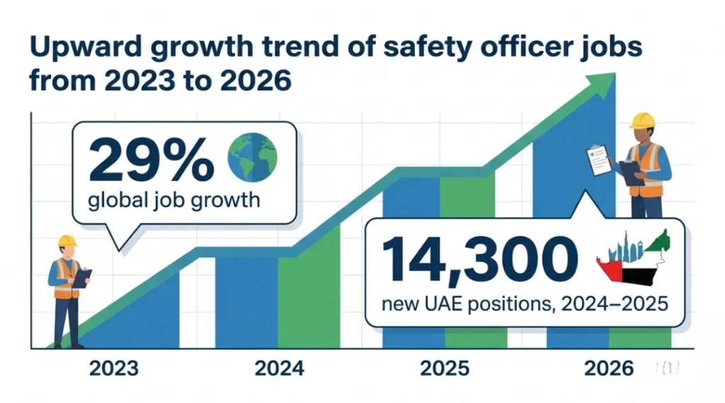 Infographic showing 29 percent global growth in safety officer job postings and 14300 new UAE positions created between 2024 and 2025