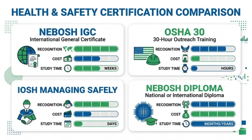 Comparison of safety officer certifications NEBOSH IGC OSHA 30 IOSH Managing Safely and NEBOSH Diploma showing cost recognition and study time in 2026