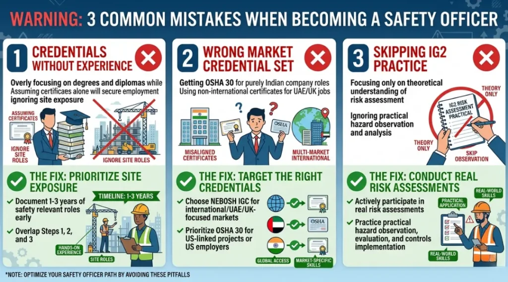 Three common mistakes to avoid when becoming a safety officer certifications without experience wrong market credential mismatch and NEBOSH IG2 under-preparation