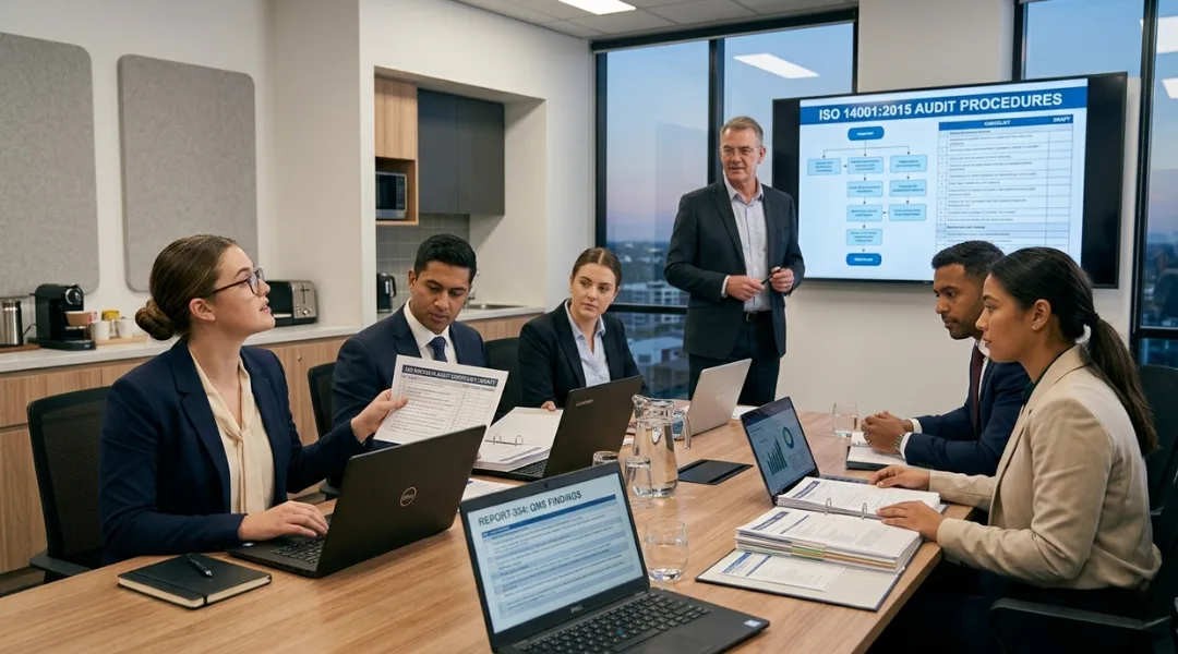 ISO lead auditor training session with trainer explaining audit procedures in a professional classroom