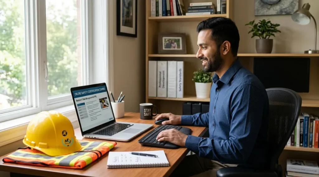 professional completing online OSHA training course on laptop at home desk with hard hat