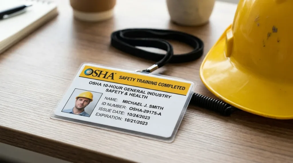OSHA 10-hour DOL completion card for authorized training