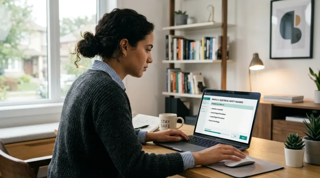 completing OSHA 10-hour online training course on laptop at home