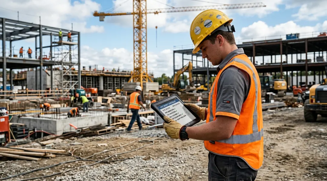 construction worker completing OSHA 10-hour training safety checklist on site