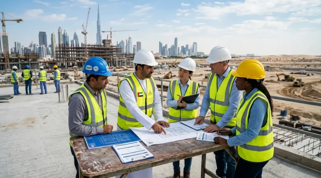 international workers with OSHA 10 certification on construction project Gulf region
