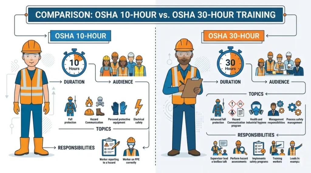 OSHA 10 vs OSHA 30 certification comparison infographic