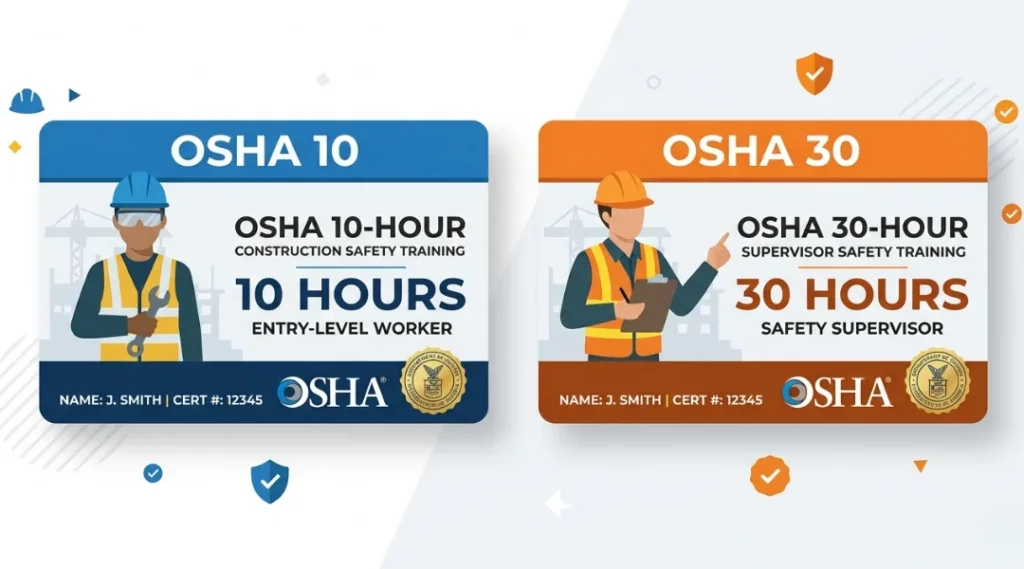 Side-by-side comparison of OSHA 10 and OSHA 30 certification cards showing differences in hours, cost, and career level for 2026