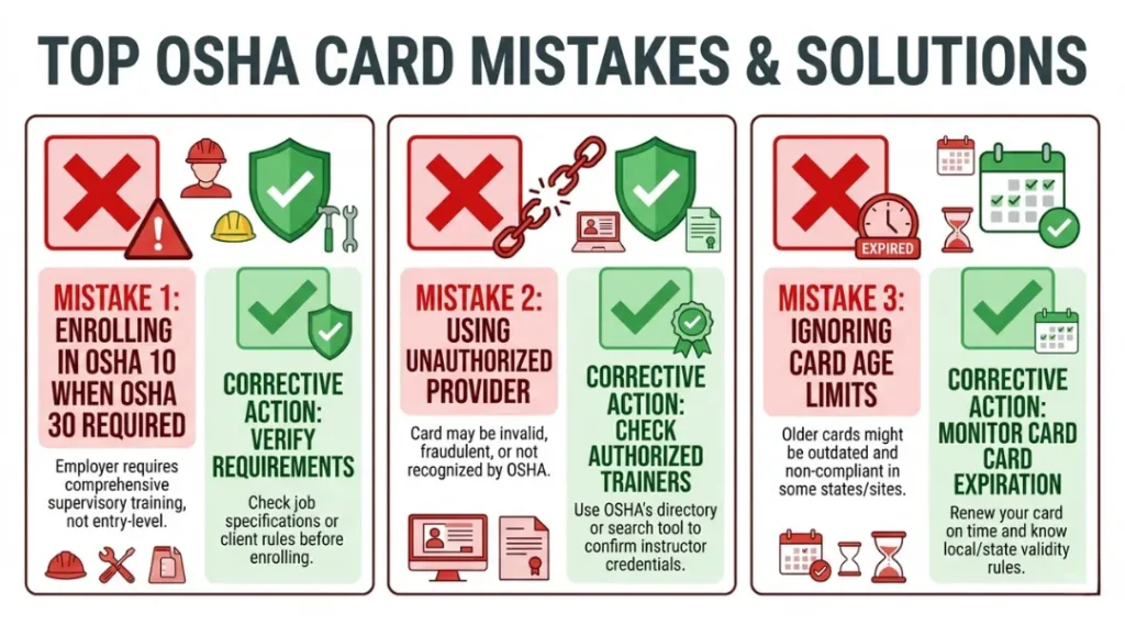 Common OSHA 10 vs OSHA 30 mistakes to avoid including enrolling in wrong card using unauthorized providers and ignoring card age requirements