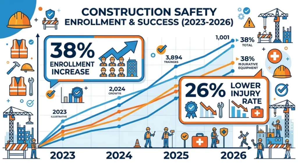 Infographic showing OSHA 10 vs OSHA 30 enrollment trends and 26 percent lower injury rate from OSHA 30 certified supervisors in 2026