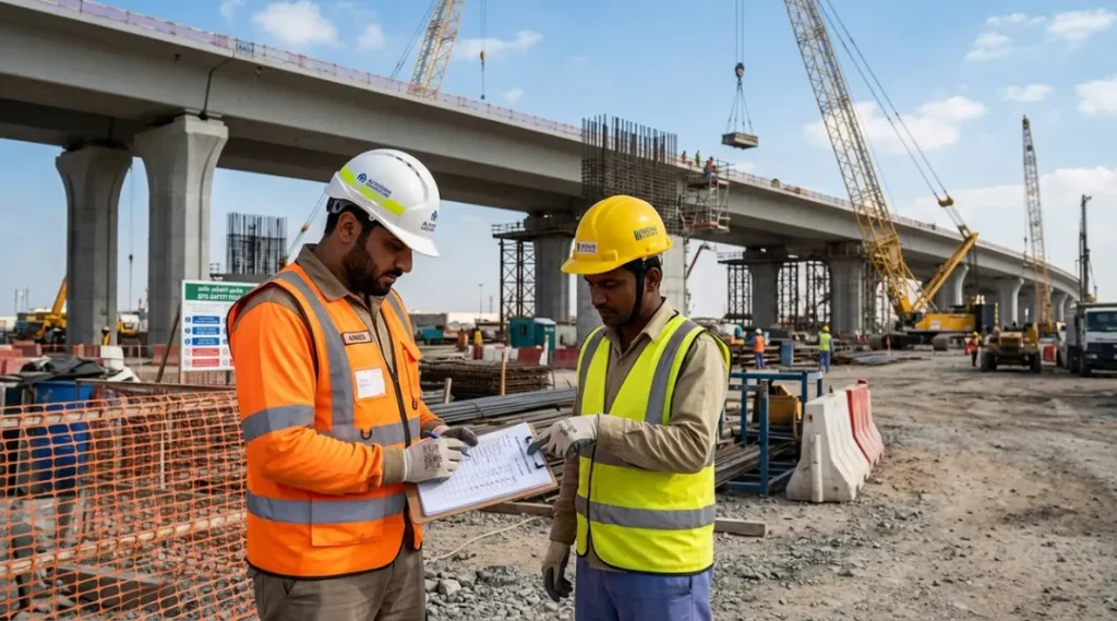 supervisor completing OSHA 30-hour training reviewing safety checklist with team on construction site