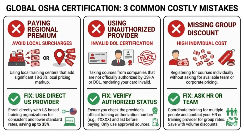 Three common OSHA certification cost mistakes to avoid overpaying regional centers buying from unauthorized providers and skipping group pricing