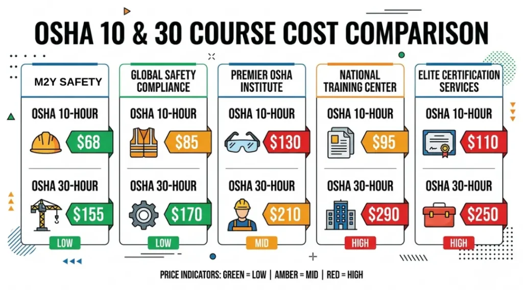 Cost comparison of OSHA training providers 360training Certify Me ClickSafety National Safety Council and regional centers for India and UAE in 2026