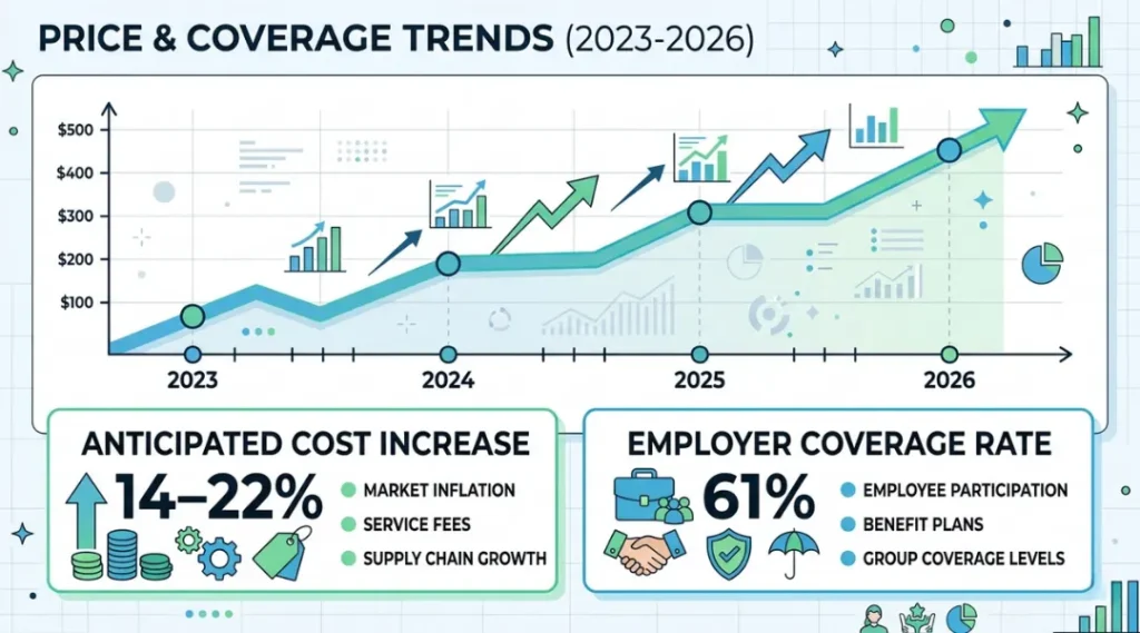Infographic showing OSHA certification cost increase of 14 to 22 percent from 2023 to 2026 and employer coverage rate of 61 percent