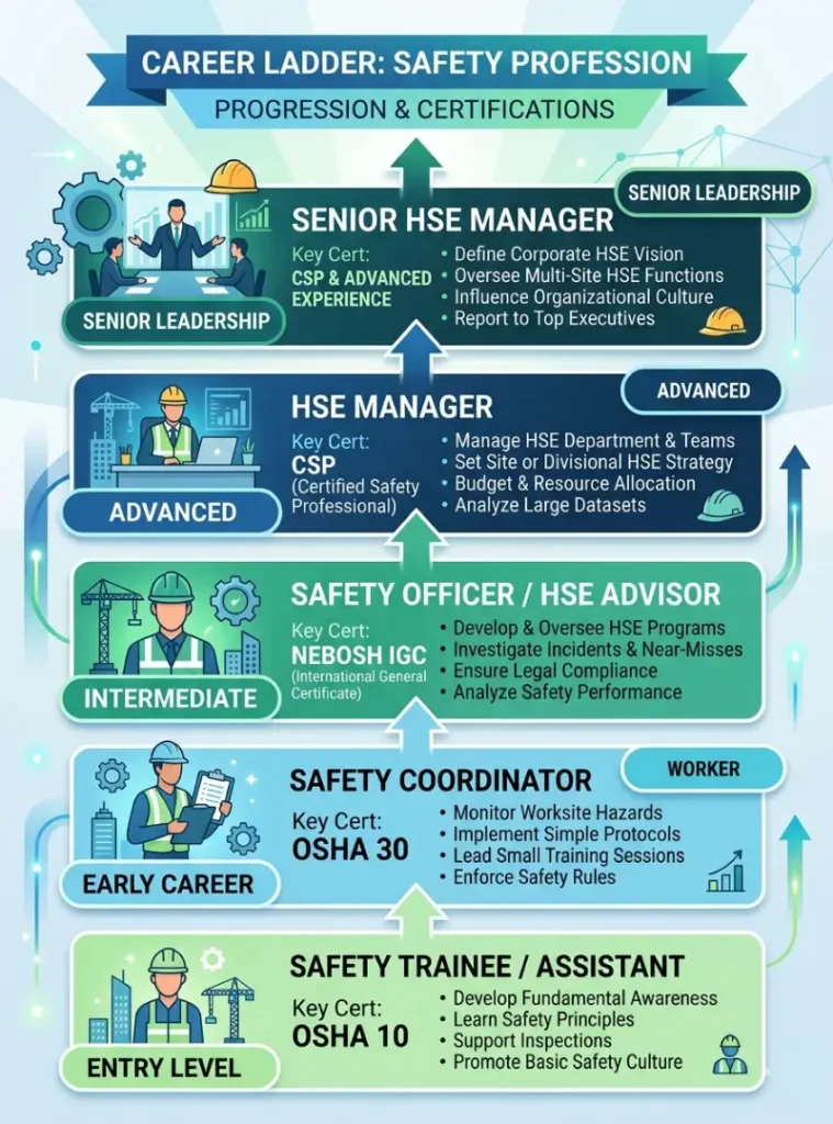 safety officer career pathway from OSHA 10 to NEBOSH to CSP certification progression