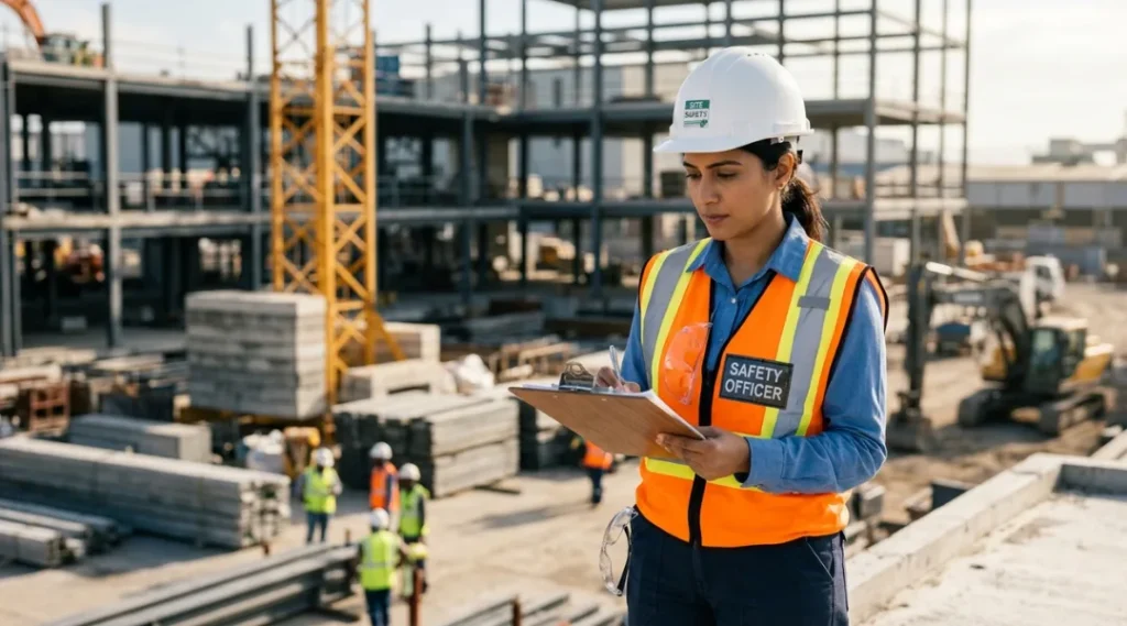 certified safety officer reviewing site inspection checklist at construction project