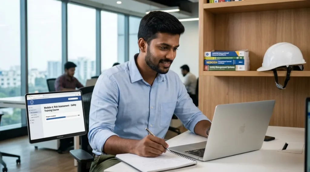 fresh graduate studying safety officer certification course online for HSE career